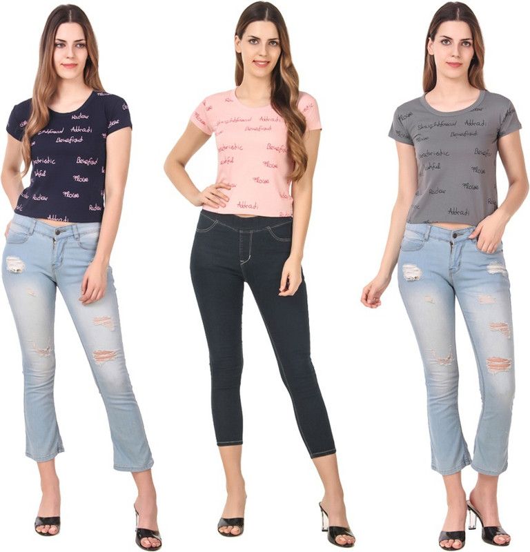 Pack of 3 Women Graphic Print Round Neck Cotton Blend Blue, Pink, Grey T-Shirt
