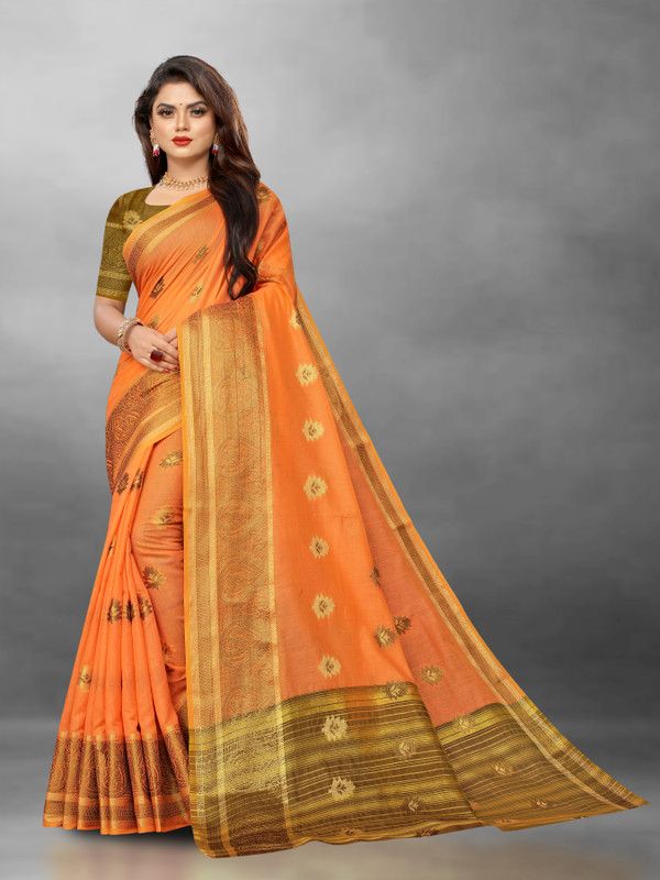 Woven Maheshwari Cotton Blend Saree  (Orange)