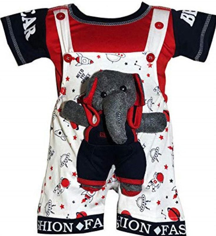 Dungaree For Baby Boys & Baby Girls Party Printed Cotton Linen Blend  (White, Pack of 1)
