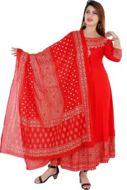 Women Printed Viscose Rayon Anarkali Kurta With Attached Dupatta  (Red)