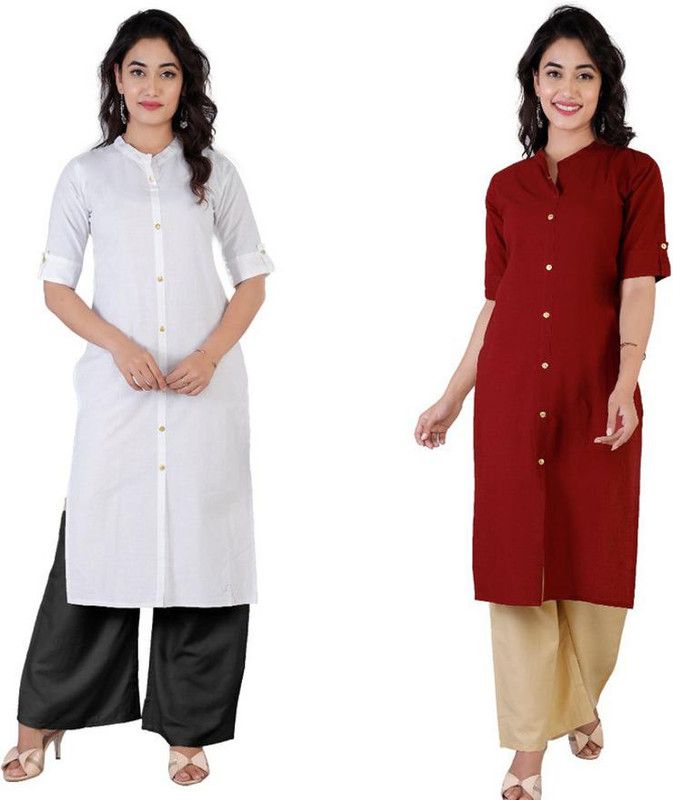 Pack of 2 Women Solid Pure Cotton Straight Kurta  (White, Maroon)