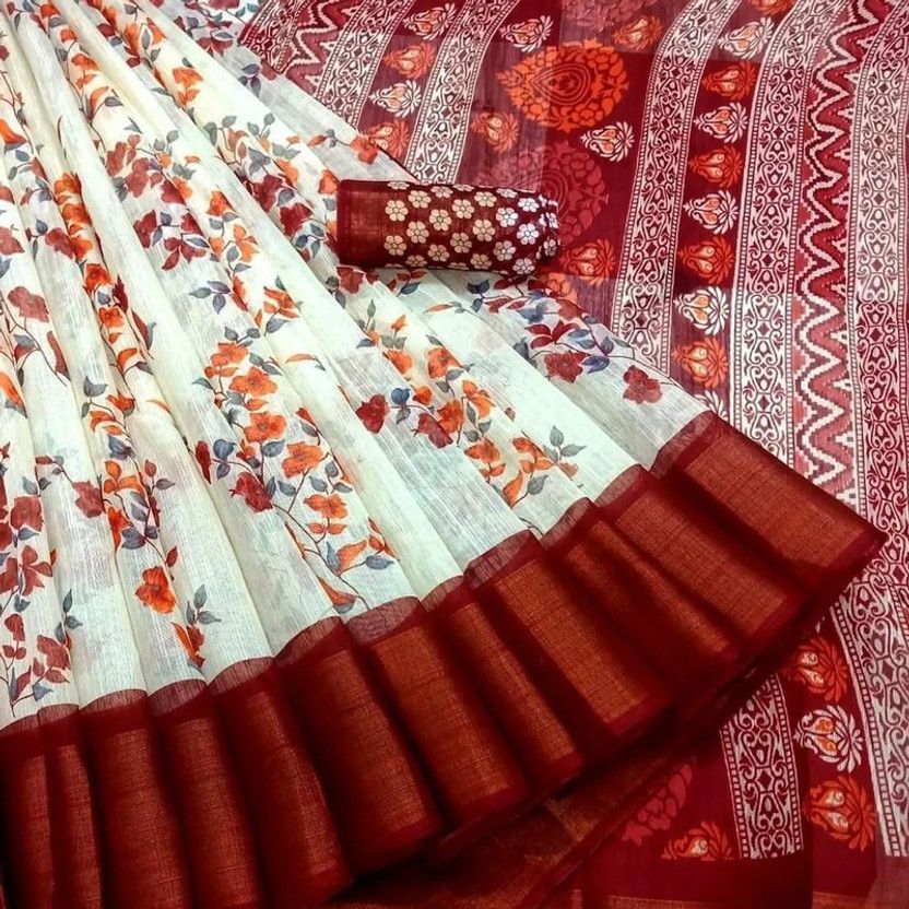 Printed Daily Wear Cotton Silk Saree  (White)