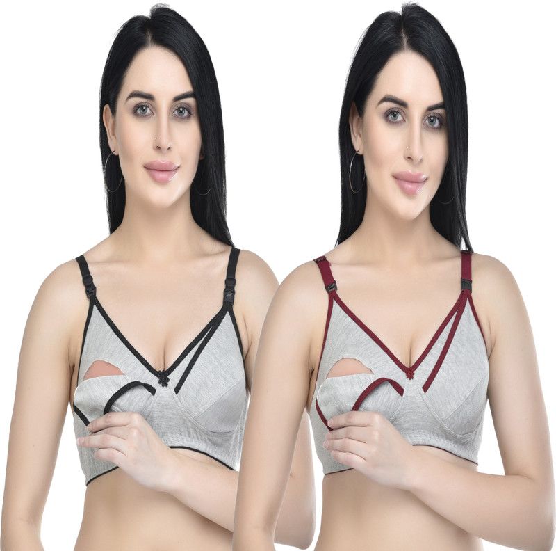 Pack of 2 Women Maternity/Nursing Non Padded Bra  (Black, Maroon)