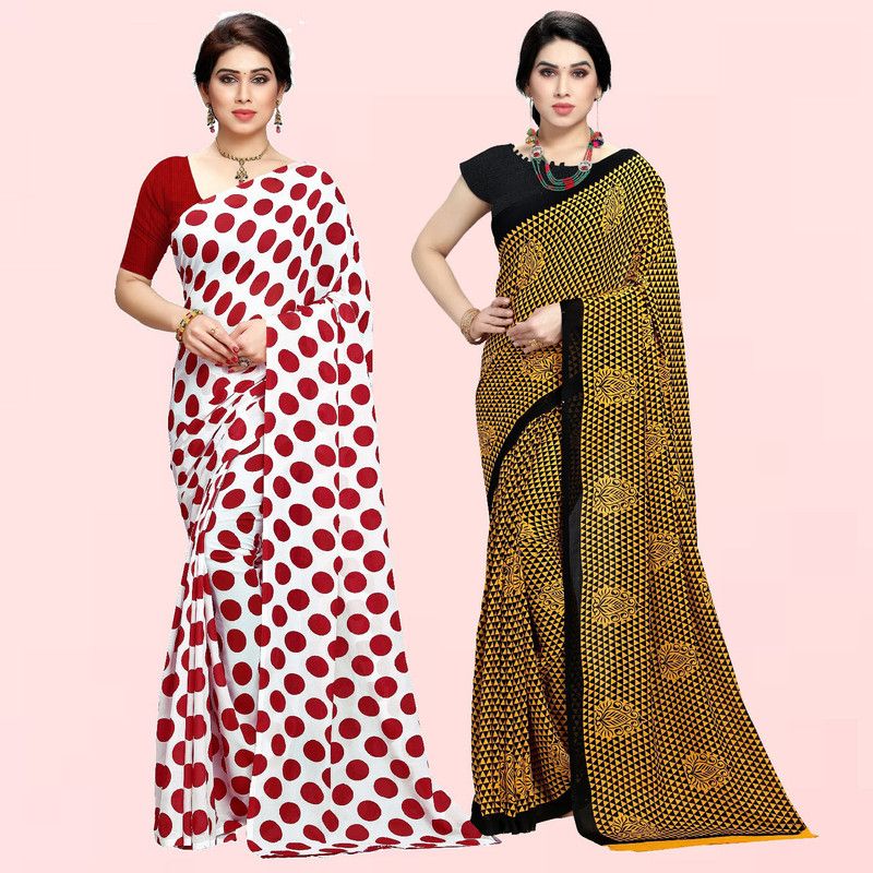 Printed Daily Wear Georgette Saree  (Pack of 2, Red, Black, Yellow)