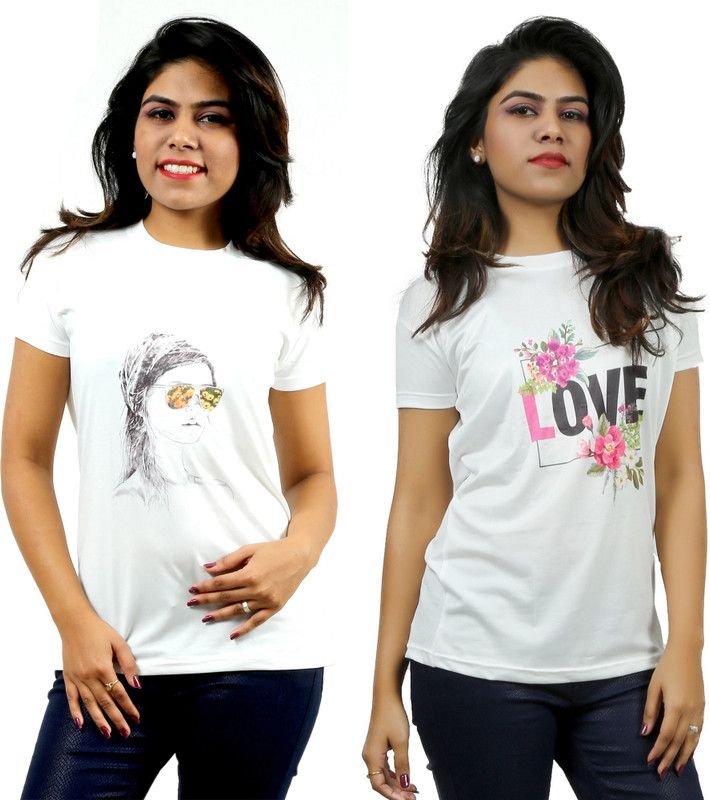 Pack of 2 Casual Regular Sleeves Printed Women White Top