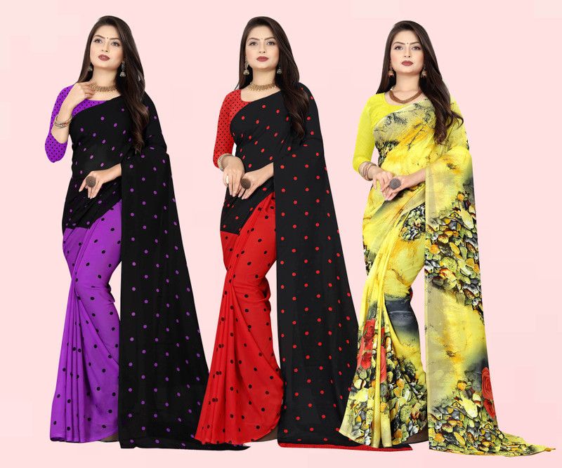Polka Print Daily Wear Georgette Saree  (Pack of 3, Multicolor, Red, Black)