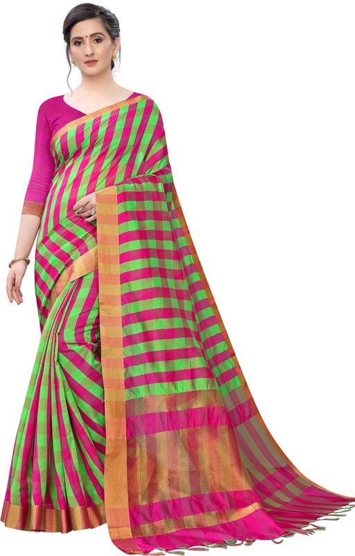 Checkered Bollywood Art Silk, Cotton Silk Saree  (Pink, Light Green)