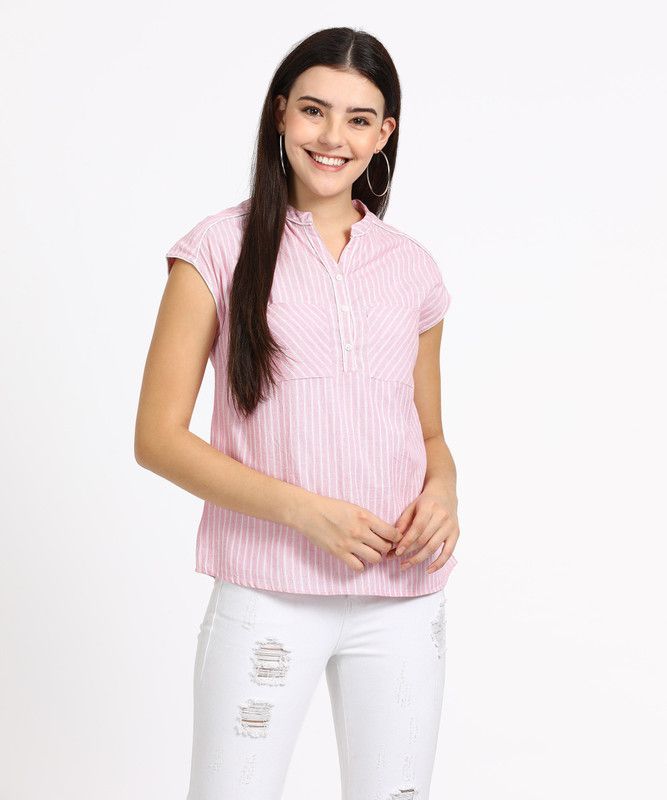 Casual Cap Sleeves Striped Women Pink Top