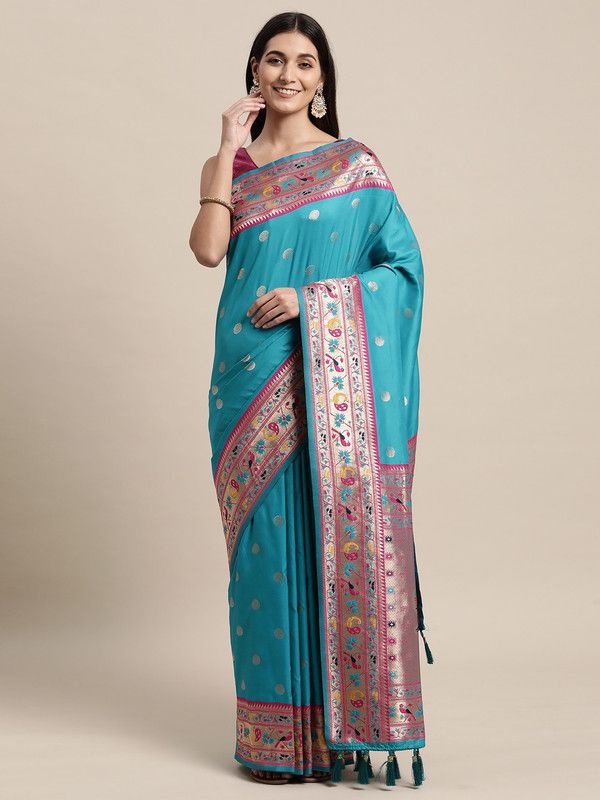 Embroidered, Floral Print Paithani Pure Silk Saree  (Light Blue)