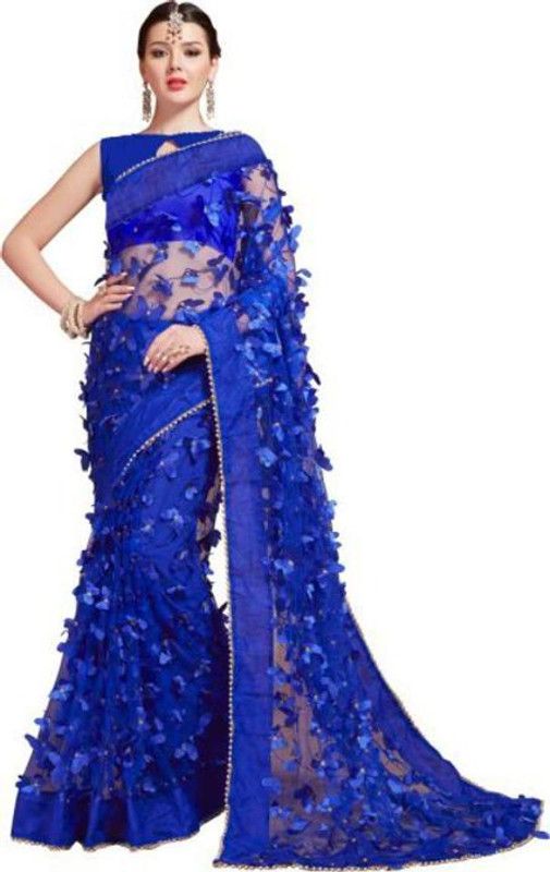 Applique Bollywood Net Saree  (Blue)
