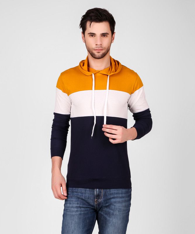 Men Striped Hooded Neck Pure Cotton Yellow T-Shirt