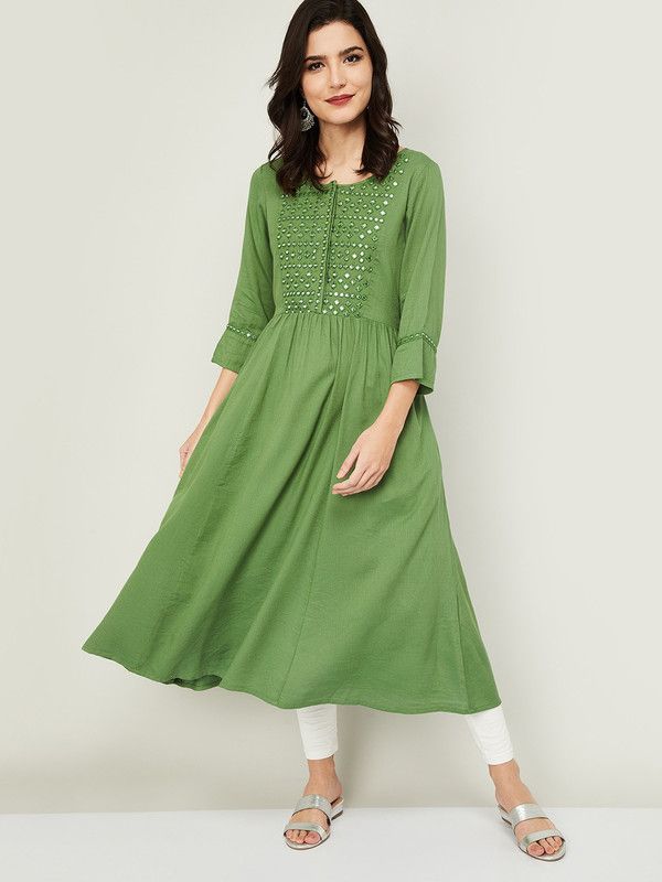 Women Embellished Pure Cotton A-line Kurta  (Green)
