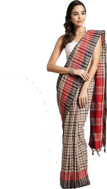 Checkered Handloom Cotton Silk Saree  (Black, Beige)