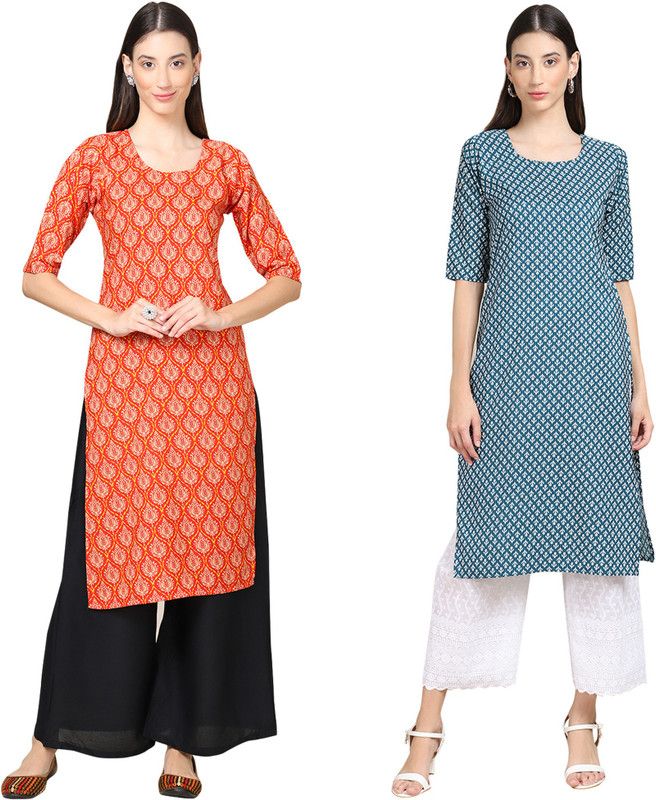 Women Printed Kurta  (Orange, Blue)