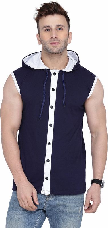 Men Solid Hooded Neck Cotton Blend Dark Blue T-Shirt