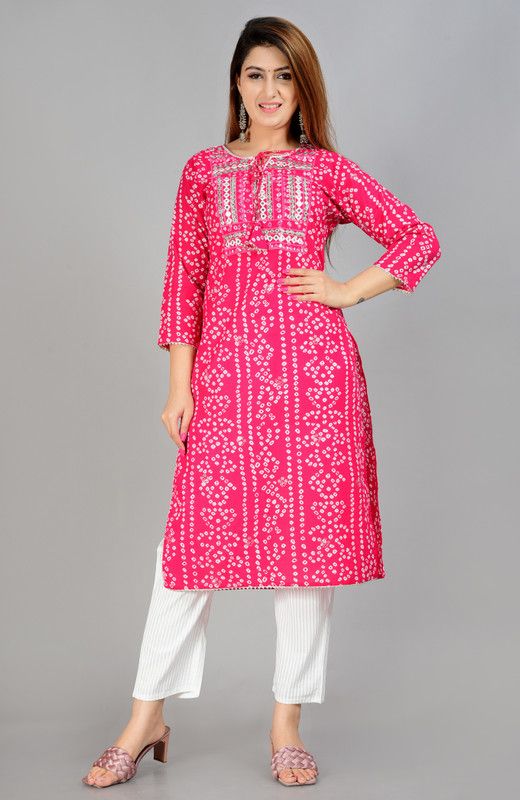 Women Bandhani Pure Cotton Straight Kurta  (Pink)