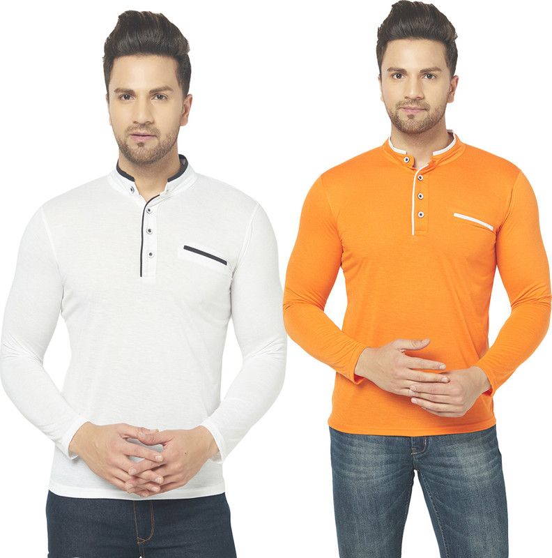 Pack of 2 Men Solid Henley Neck Cotton Blend White, Orange T-Shirt