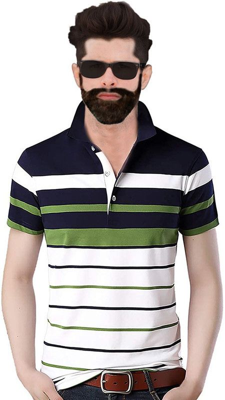 Striped Men Dark Blue, White, Green T-Shirt