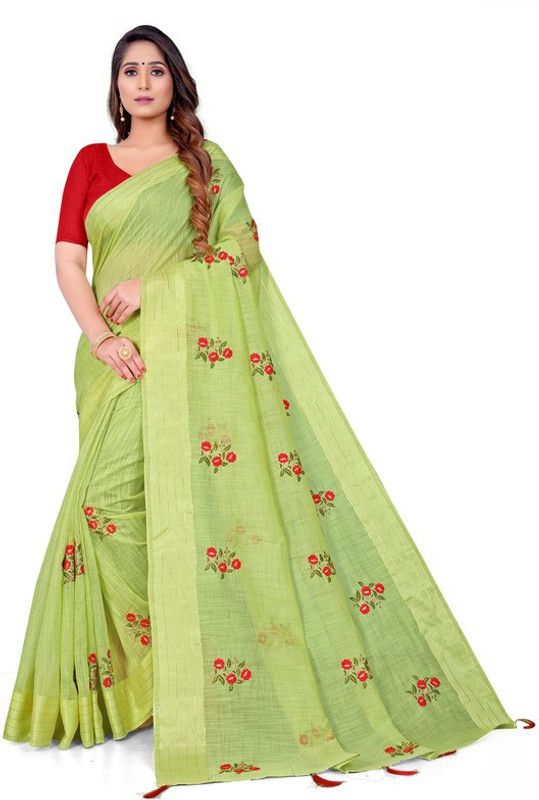Embroidered Kota Doria Cotton Blend Saree  (Green)