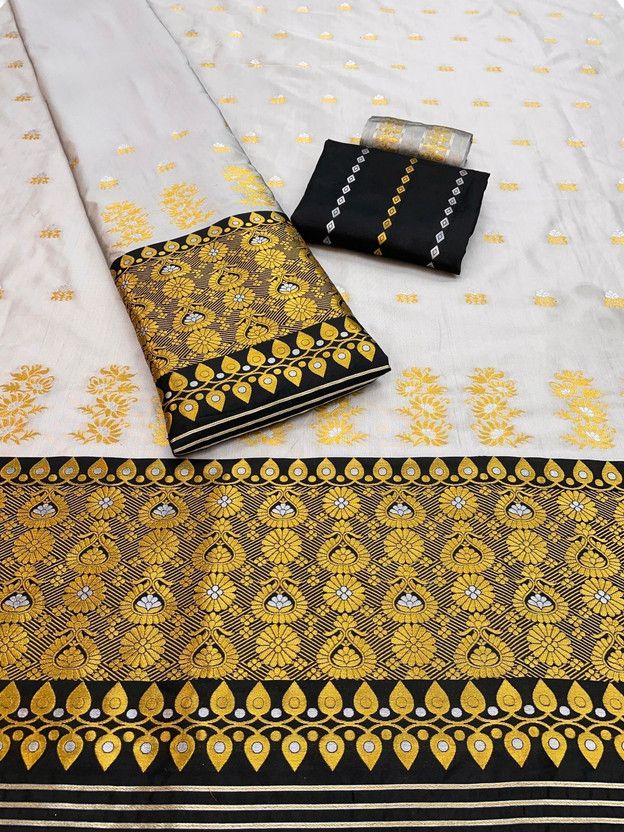 Woven Mekhela Chador Silk Blend Saree  (White, Black)