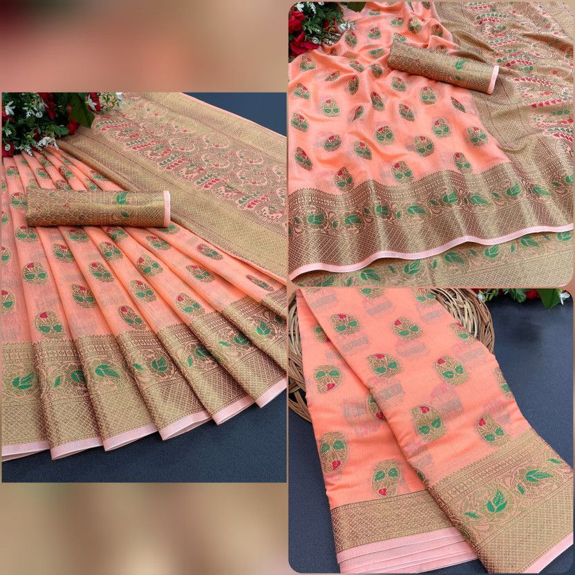 Woven Bollywood Cotton Silk, Cotton Linen Saree  (Orange)