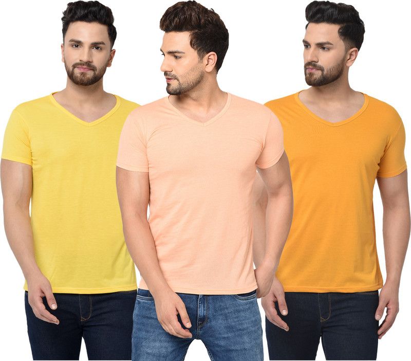 Pack of 3 Men Solid V Neck Cotton Blend Pink, Yellow T-Shirt