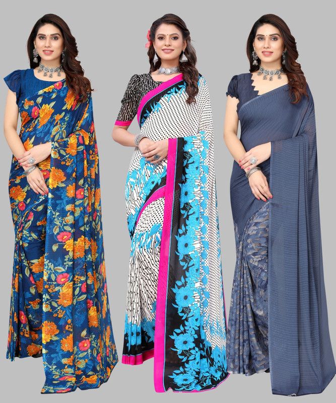 Printed Daily Wear Georgette Saree  (Pack of 3, White, Blue, Grey)