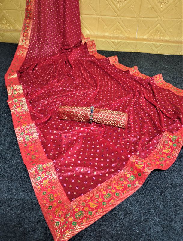 Woven Bandhani Art Silk Saree  (Red)