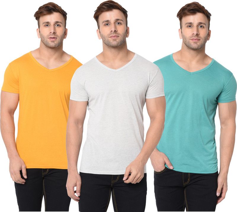 Pack of 3 Men Solid V Neck Cotton Blend Grey, Yellow, Light Green T-Shirt