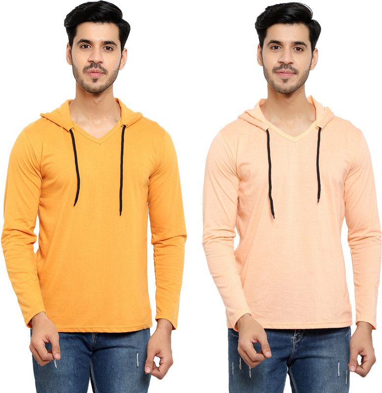 Pack of 2 Men Solid Hooded Neck Cotton Blend Gold, Beige T-Shirt