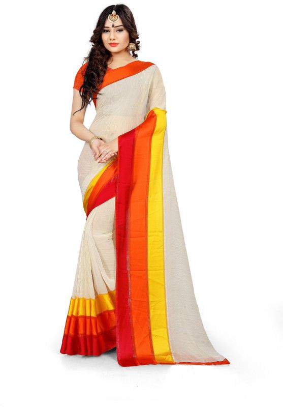 Self Design, Striped, Solid/Plain Leheria Georgette Saree  (White)