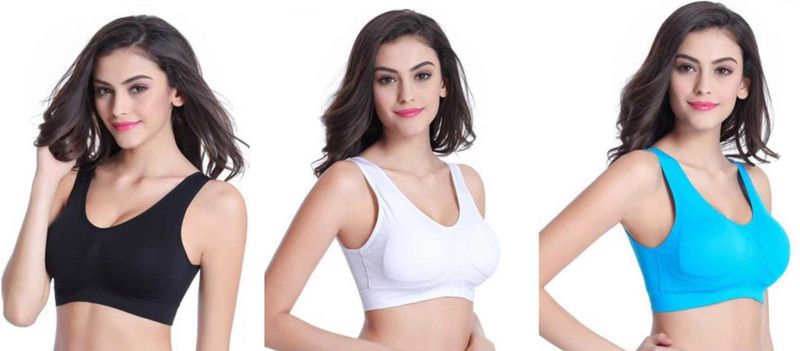 Pack of 3 Women Sports Non Padded Bra  (Black, White, Blue)