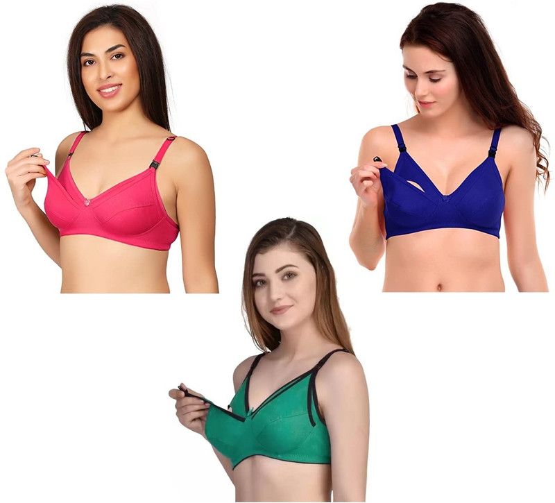 Women's Cotton Maternity Feeding Bra Combo Set of 3 (Multicolor) Women Maternity/Nursing Non Padded Bra  (Pink, Blue, Green)