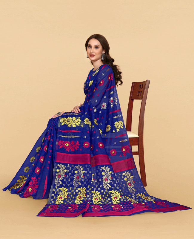 Jamdani Cotton Linen Saree  (Blue)