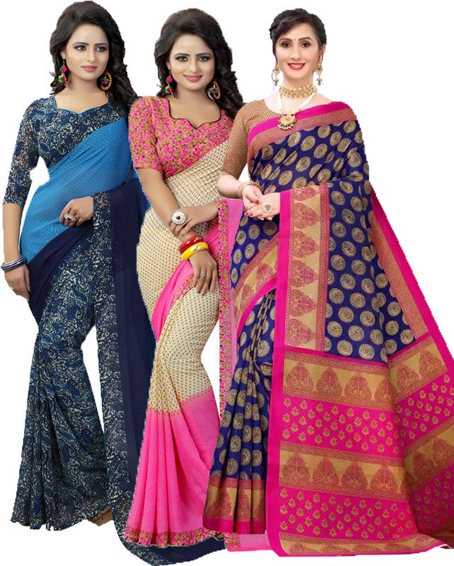 Printed Bollywood Georgette Saree  (Pack of 3, Blue, Pink, Dark Blue)