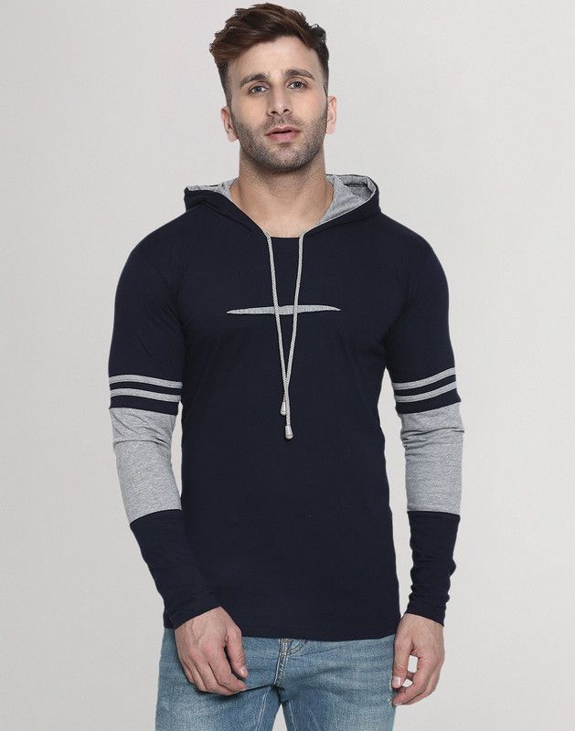 Men Colorblock Hooded Neck Cotton Blend Blue T-Shirt