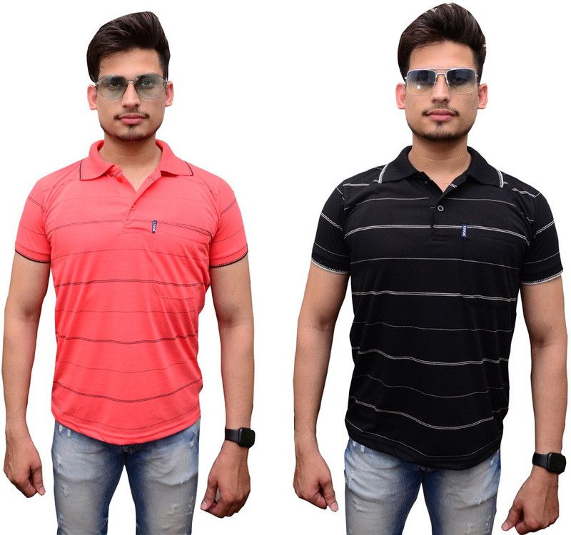 Striped Men Red, Black T-Shirt  (Pack of 2)