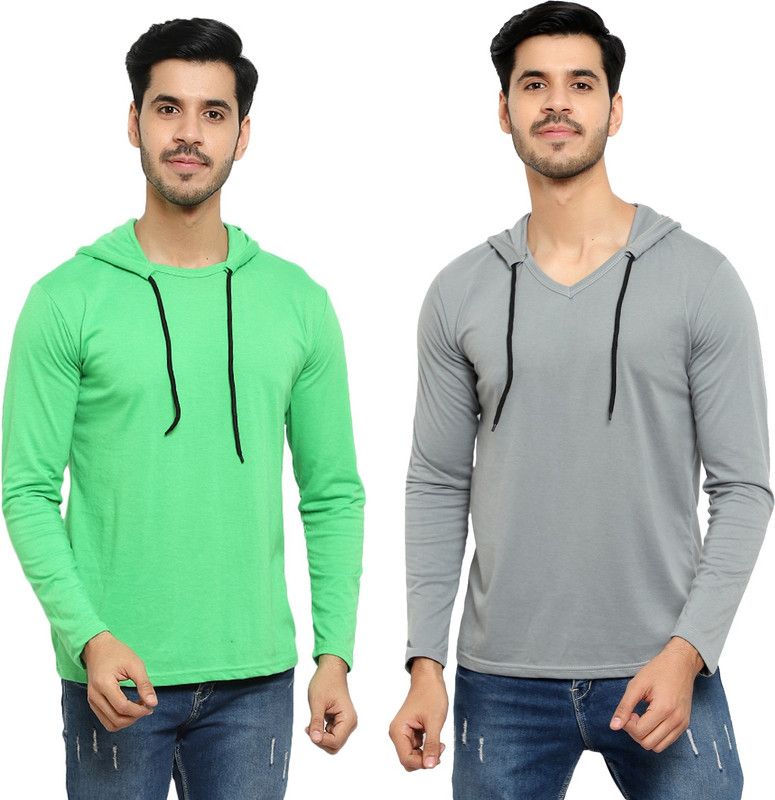 Pack of 2 Men Solid Hooded Neck Cotton Blend Silver, Green T-Shirt