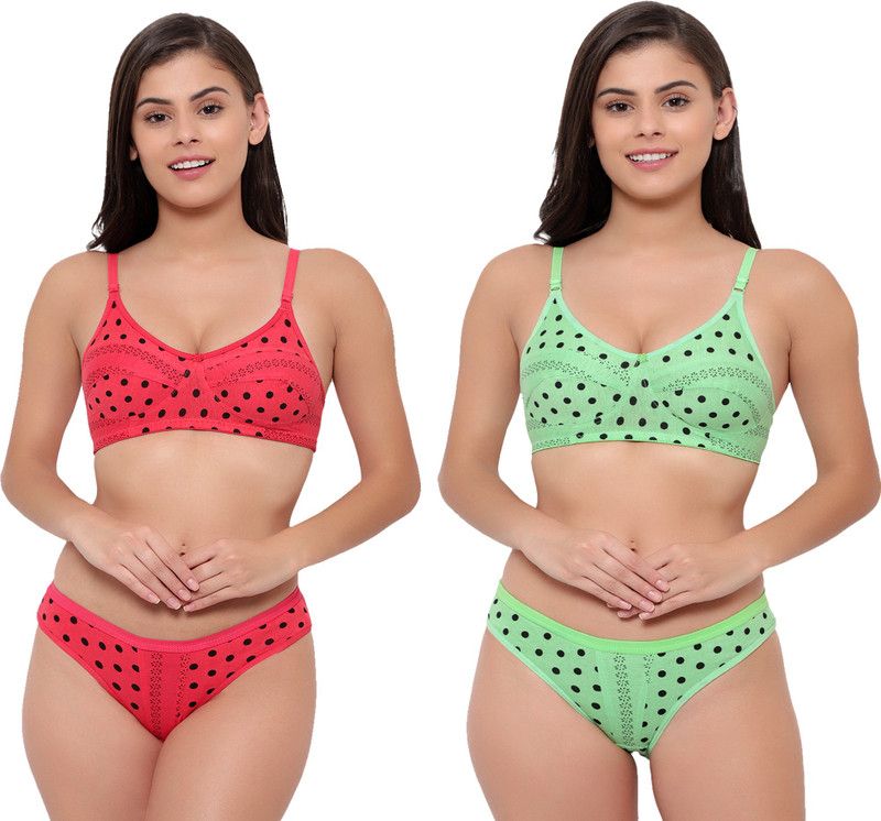 Bra & Panty Set Polka Print Green, Red Lingerie Set