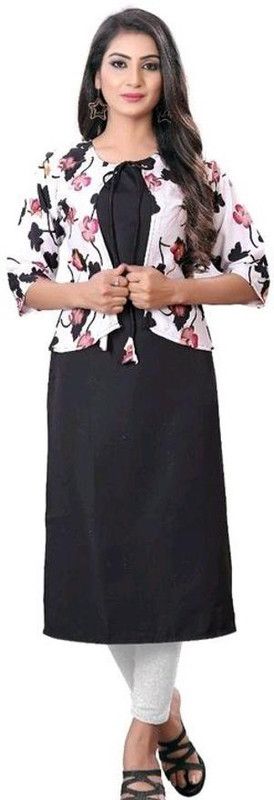 Women Floral Print Crepe Straight Kurta  (White, Black)