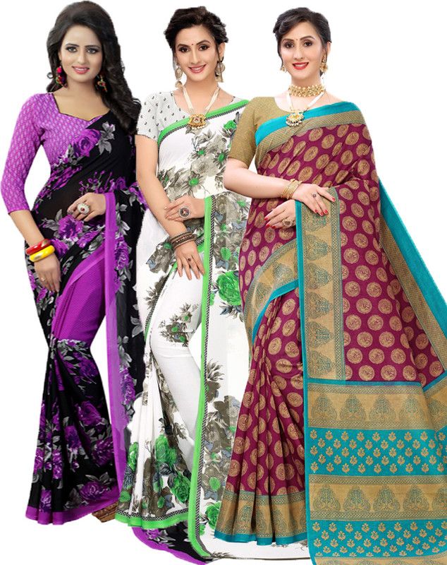 Printed Bollywood Georgette Saree  (Pack of 3, Purple, Green)