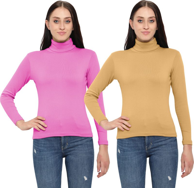 Pack of 2 Women Solid Turtle Neck Cotton Blend Beige, Pink T-Shirt