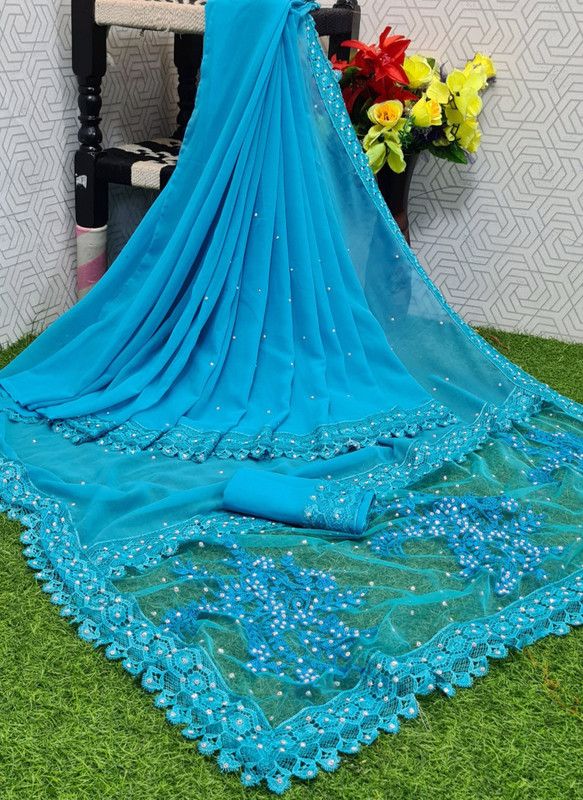 Embroidered Fashion Georgette Saree  (Light Blue)