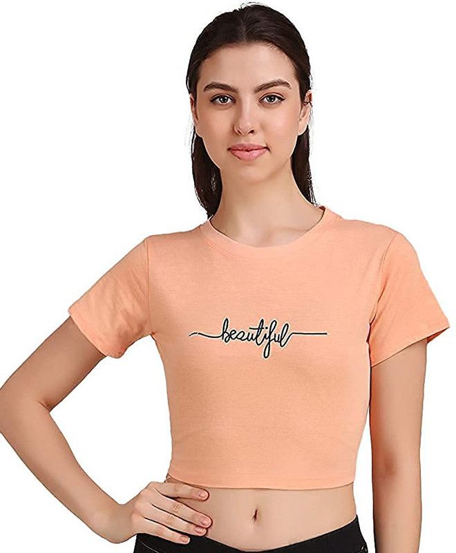 Crop Top for Girls/Women Plush Soft Crop Top Party Gift for Girl Women Graphic Print Round Neck Poly Cotton Yellow T-Shirt