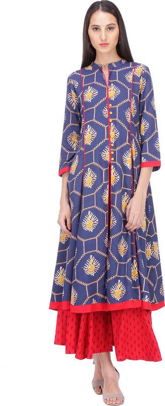 Pack of 2 Women Printed Cotton Rayon Flared Kurta  (Blue)