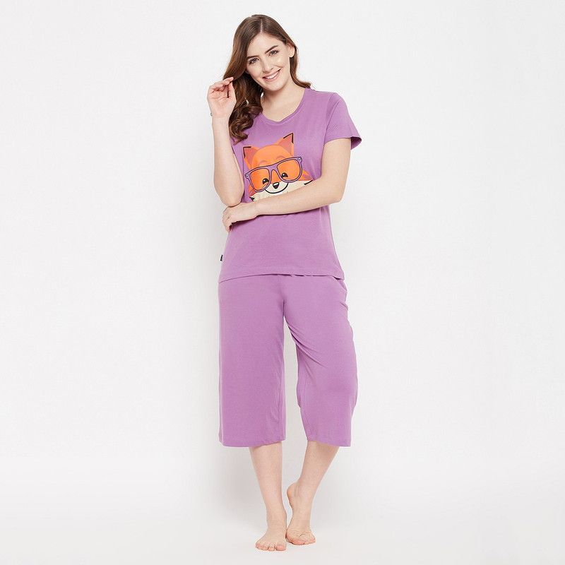 Women Top & Capri Set Purple Graphic Print