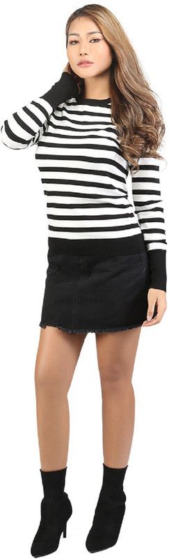 Women Solid Crew Neck White, Black Sweater
