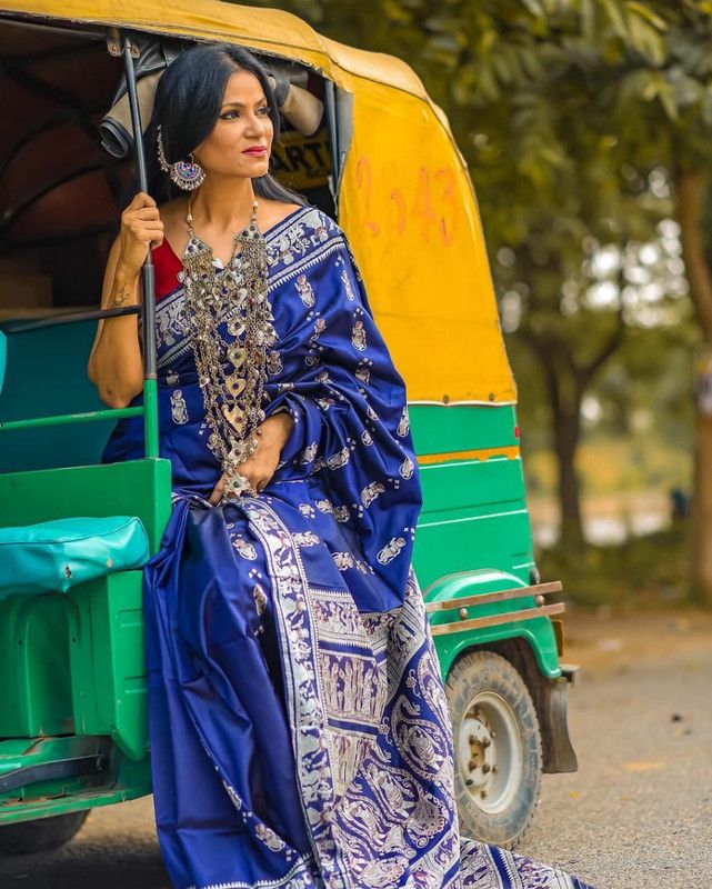 Woven Banarasi Jacquard, Pure Cotton Saree  (Blue)
