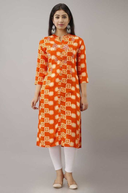 Women Printed Cotton Rayon Straight Kurta  (Orange, Beige)