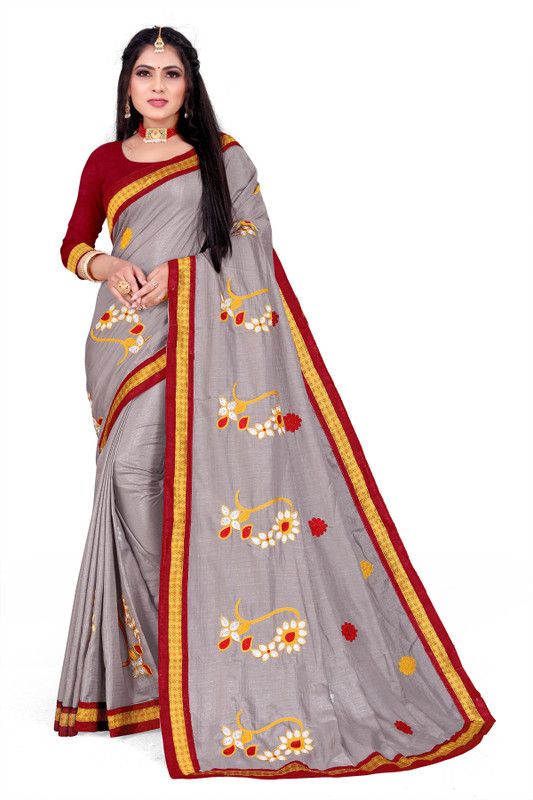 Embroidered Paithani Art Silk Saree  (Grey)